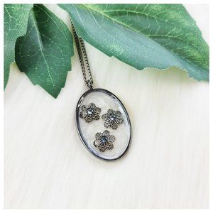 Metallic Floral Necklace Pearl White and Gunmetal Silver Gray Oval Resin Pendant